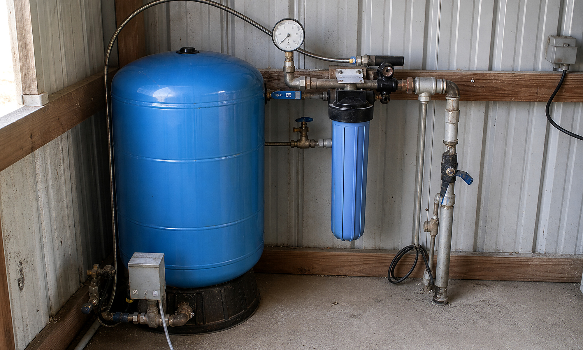 Pressure, controls, filtration, and plumbing planning Pressure tank, gauge, filter, valves, plumbing, controls, conduit, and electrical components used in whole-system water well planning
