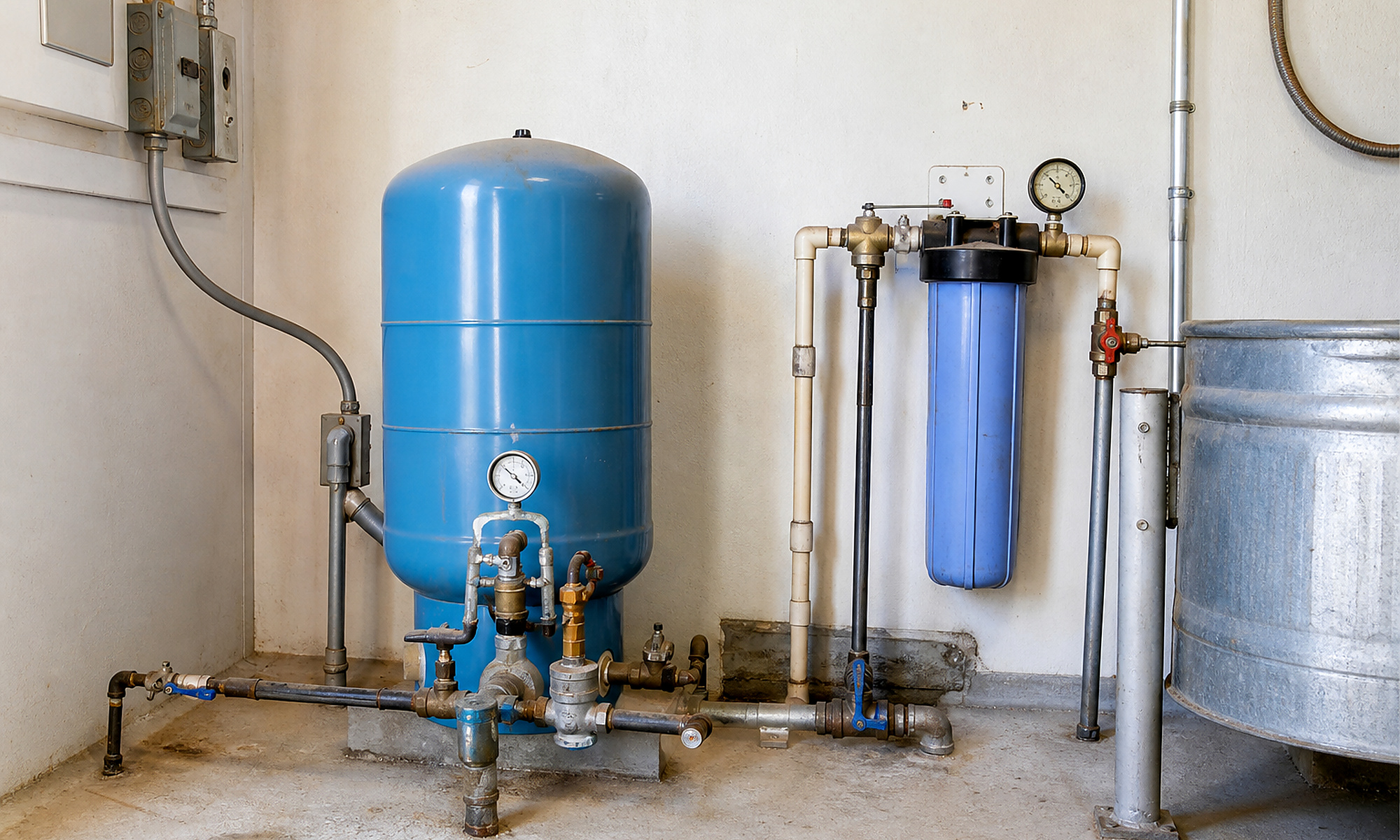 Pressure, controls, filtration, and plumbing planning Pressure tank, gauges, filter, valves, plumbing, conduit, and electrical controls used in whole-system water well planning