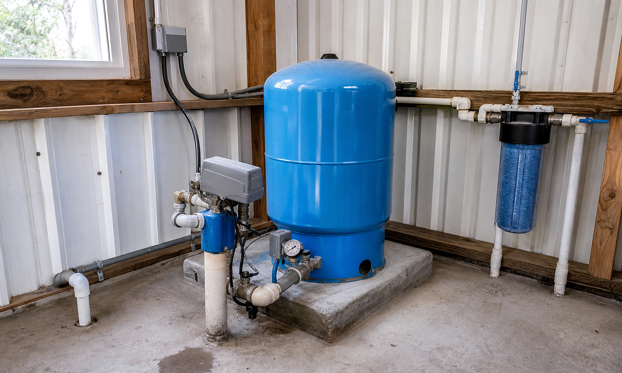 Pressure tank, gauge, controls, filter, plumbing, and electrical equipment used in whole-system water well planning