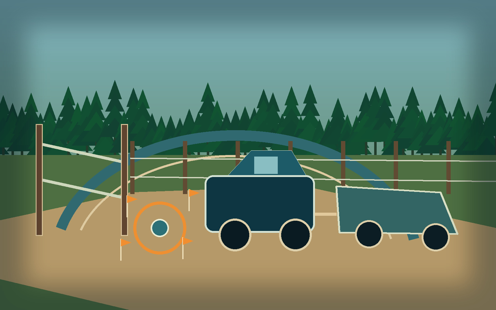Property access and staging illustration for Polk County planning Illustrated property entrance, turning path, work vehicle, trailer, and flagged well area for Polk County planning