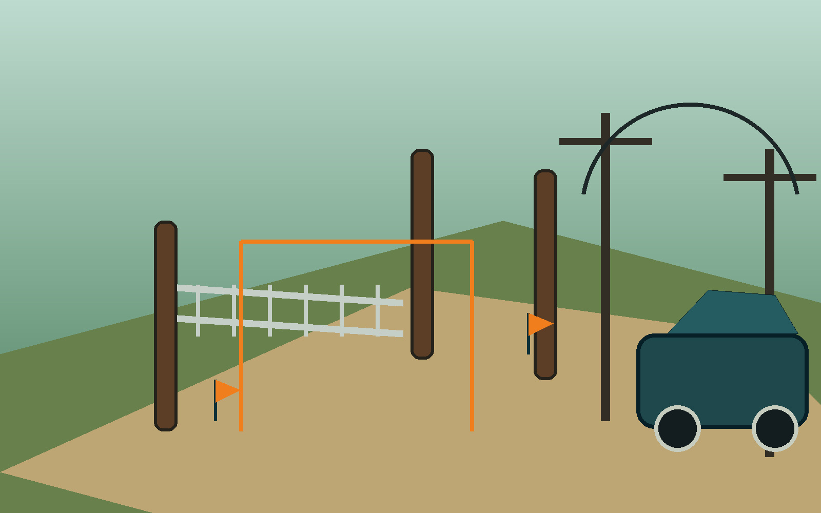 Equipment access and clearance image for Rusk County planning Illustrated gate, access lane, clearance frame, utility lines, and survey flags for Rusk County planning
