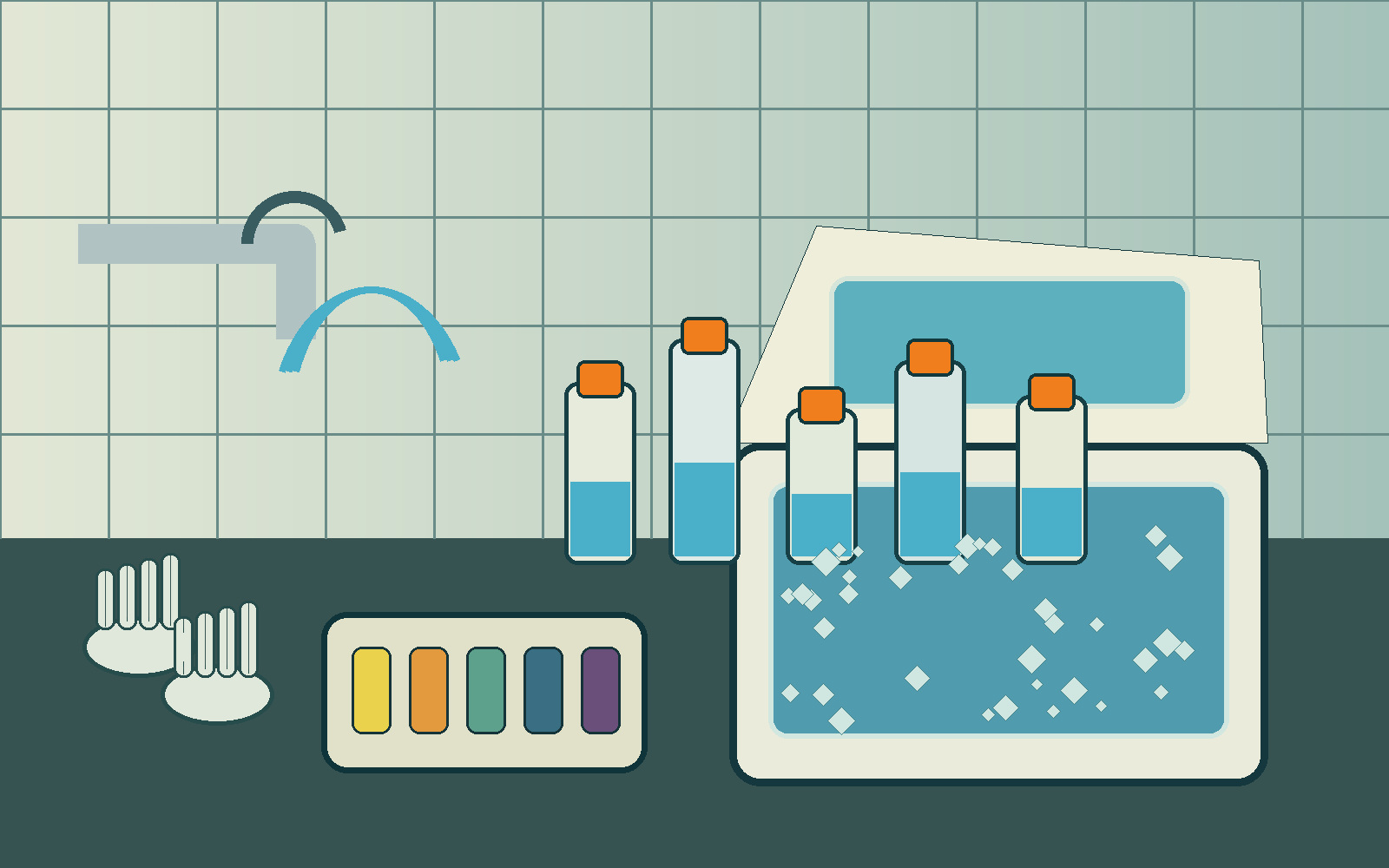 Sanitary water-sampling image for San Augustine County planning Illustrated sanitary water-sampling tap, sterile bottles, comparator, gloves, ice, and cooler for San Augustine County planning
