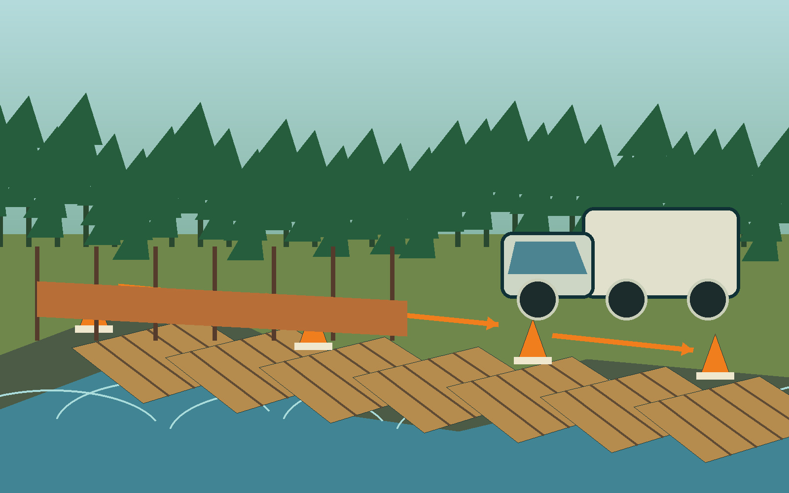 Illustrated temporary access mats across a drainage swale with safety markers and a support truck for Shelby County planning
