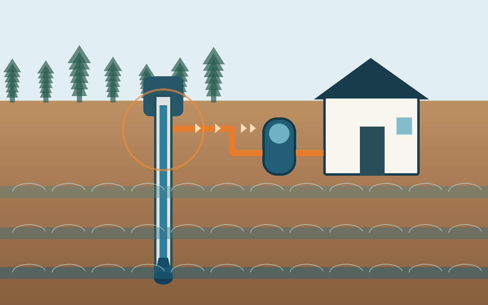 Complete well-system cutaway for Nacogdoches County planning Illustrated water well casing, pump, pressure system, and home connection for Nacogdoches County planning