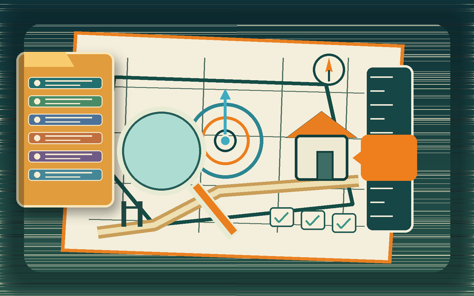 Illustrated property record review with a parcel plan, well marker, record folder, magnifier, and depth ruler for Waller County planning