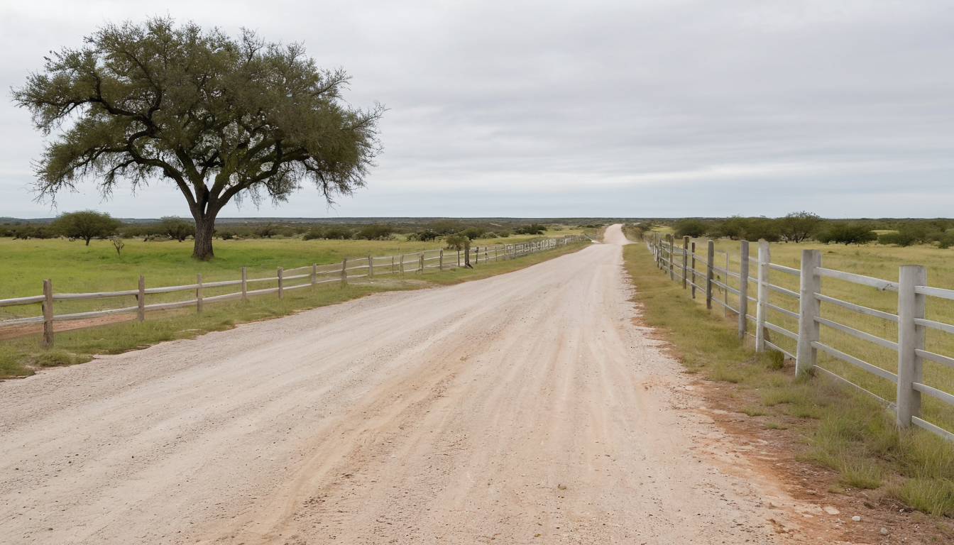 Broad caliche access lane and open ranch entrance for Wilson County equipment-access review